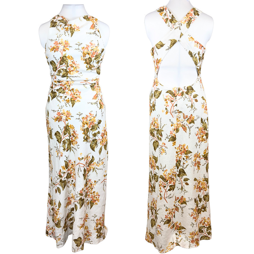 NWT Reformation Maxi Dress White Yellow Floral Cassette‎ Cross Back Draped 10 - Picture 3 of 10